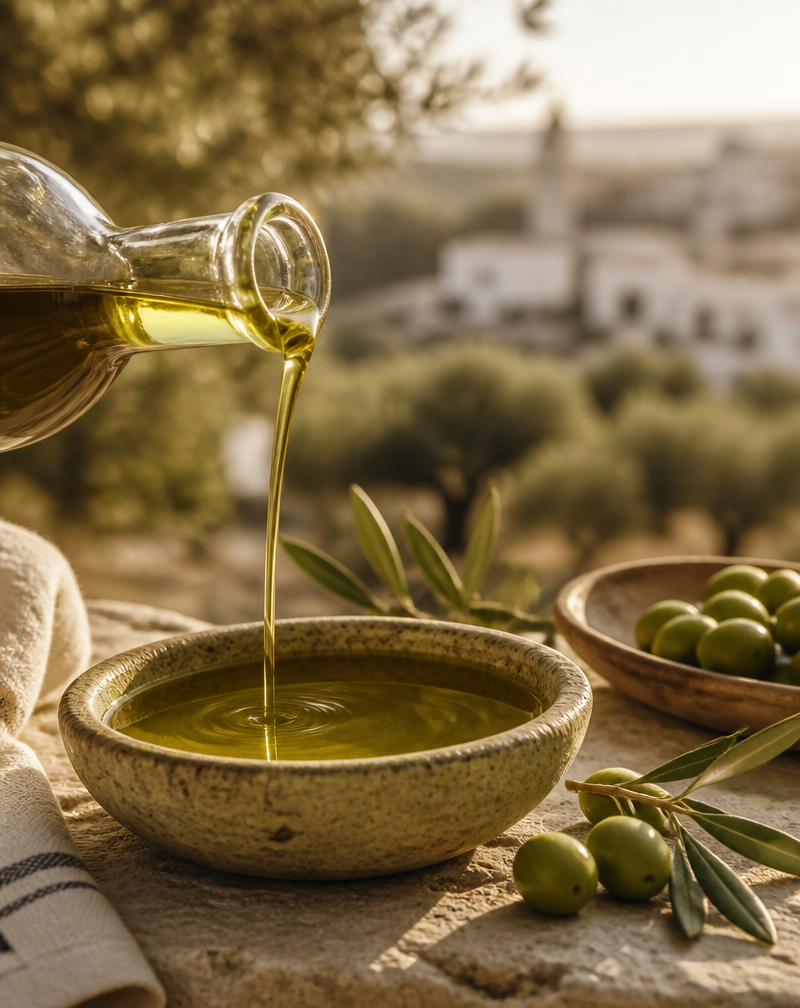 Olio extravergine di oliva pugliese versato in una ciotola di pietra